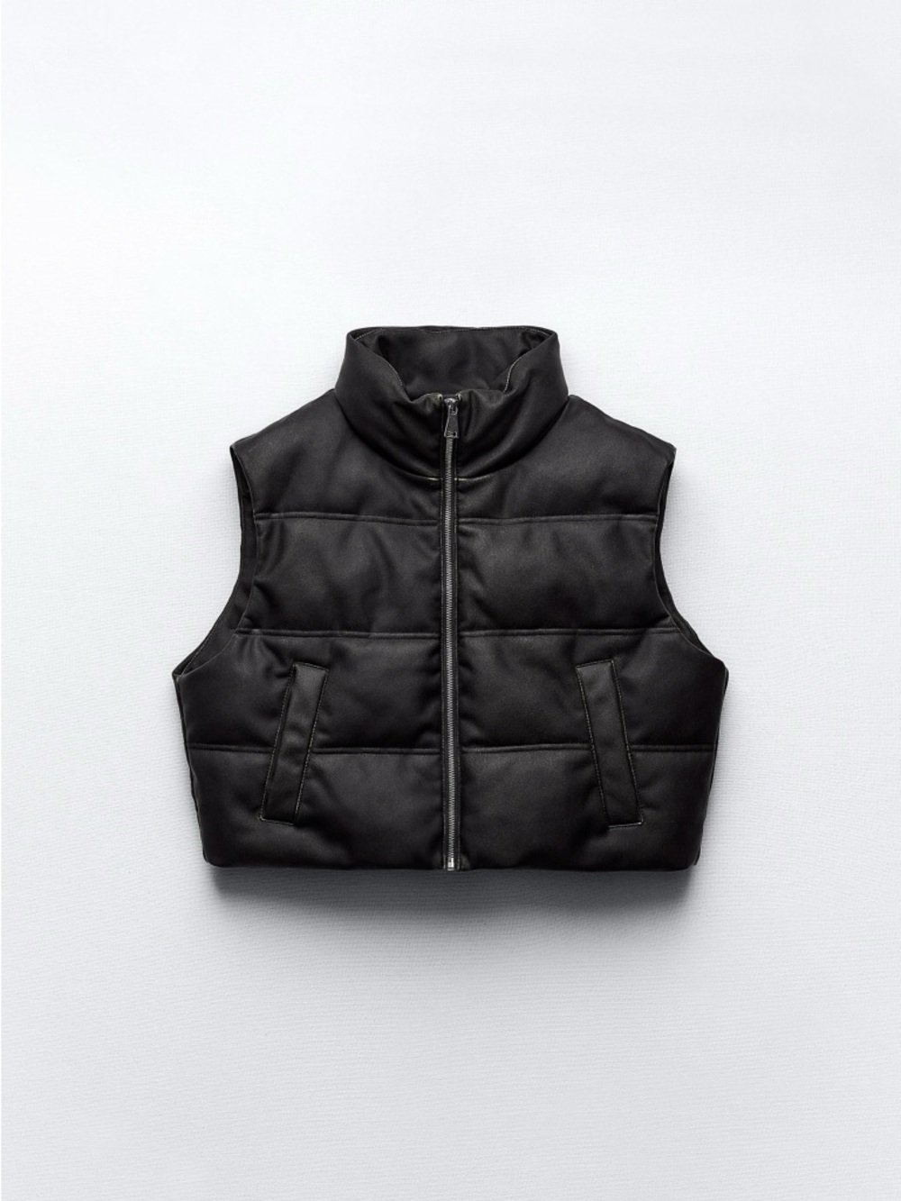 Zara Black faux leather Cropped Puffer Bomber Vest